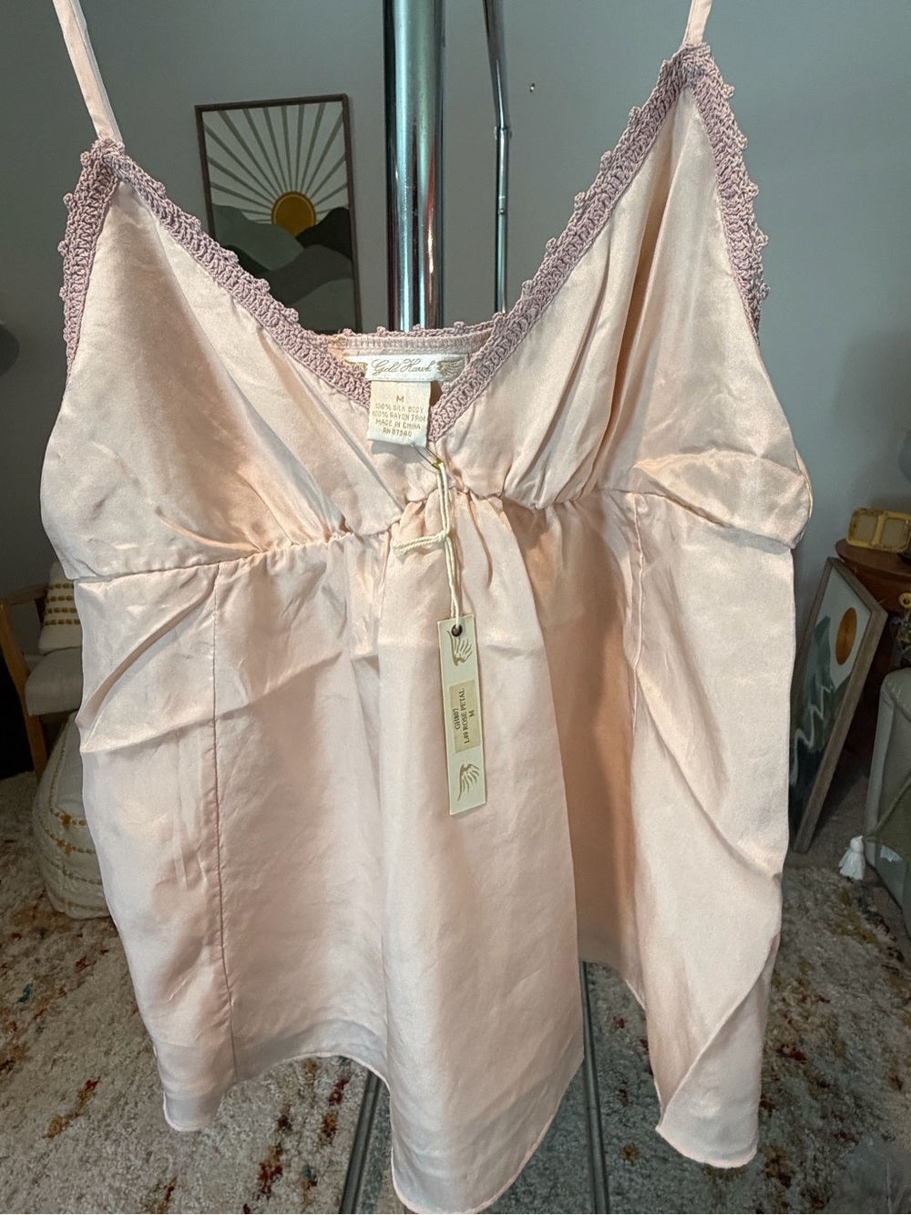 Good Hawk 100% Silk w/ Lace-Trim Camisole in Blush Pink